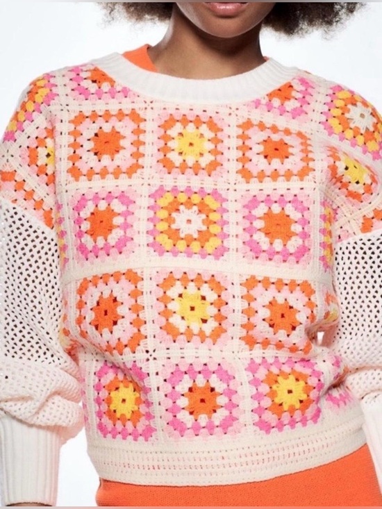Zara Sweaters - Zara womens Lg chenille crocheted pink, orange, + yellow granny square sweater